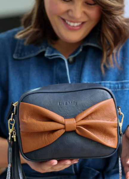 Sally Bow- Navy with Tan bow | LIV & MILLY