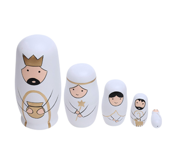 WOODEN WHITE NATIVITY BABUSHKA | Christmas