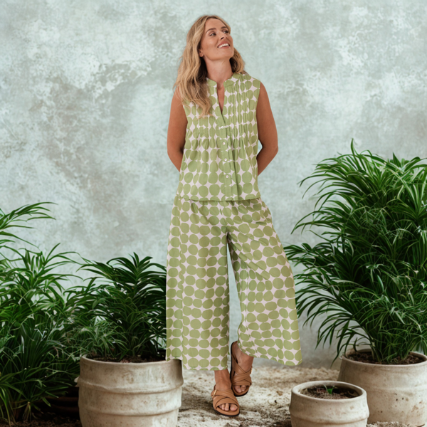 Shirred Waist Cotton Pant - Pistachio Spot | Seesaw