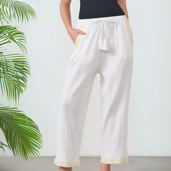 Embriodered Pant & Sequins- White | Caju