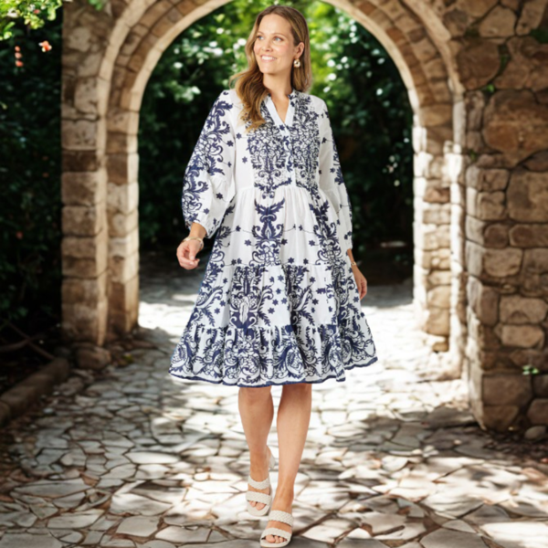 Resort Beaded Dress - White/Navy | Gordon Smith