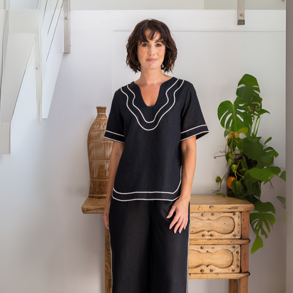 Embroidery Trim Top - Black/Natural | Seesaw