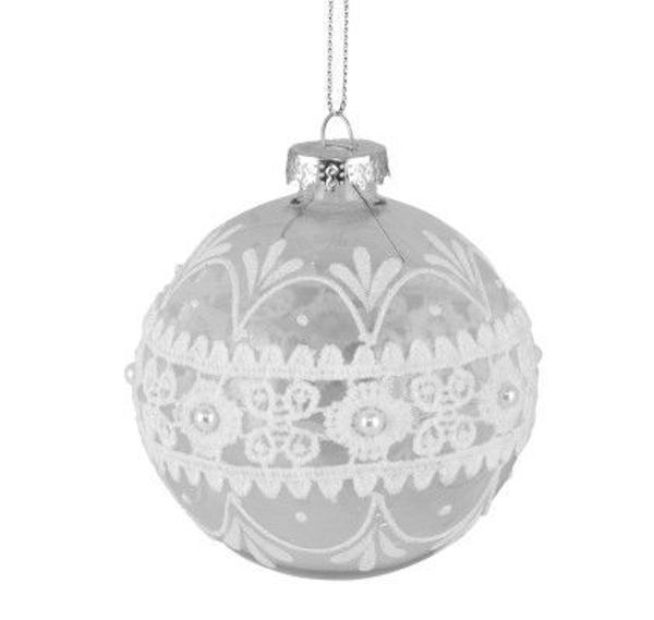 GLASS BAUBLE - CLEAR w/ WHITE LACE BELT | 8CM