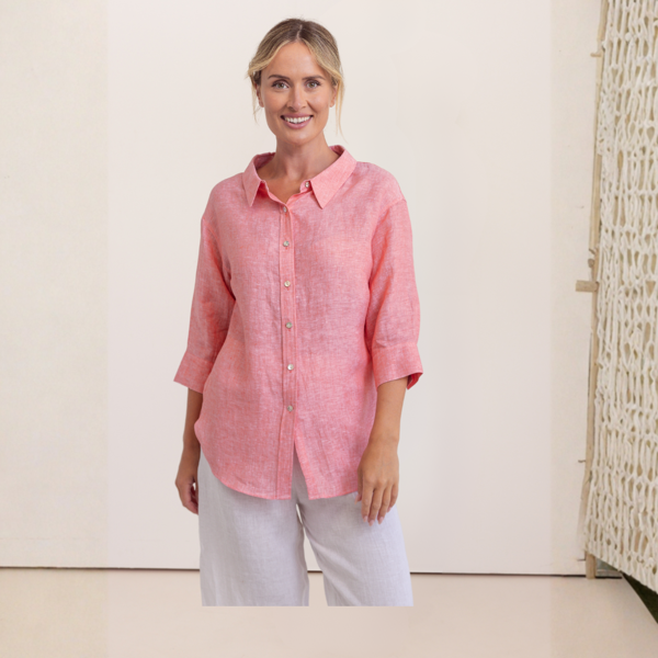 3/4 Sleeve Boyfriend Shirt - Tangerine | Seesaw