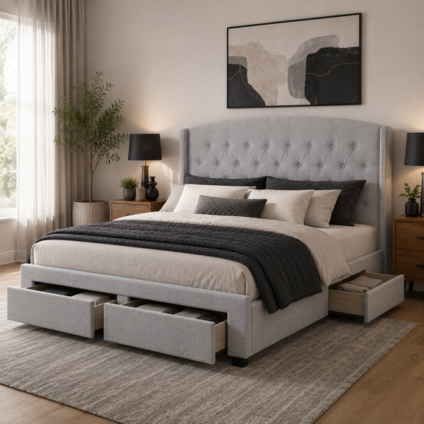Kingston Double Bed - 4 Drawers  Fabric Bedhead & Base