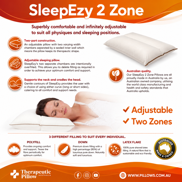 Sleepezy Pillow - 2 Zone Adjustable  Therapeutic Pillow Australia